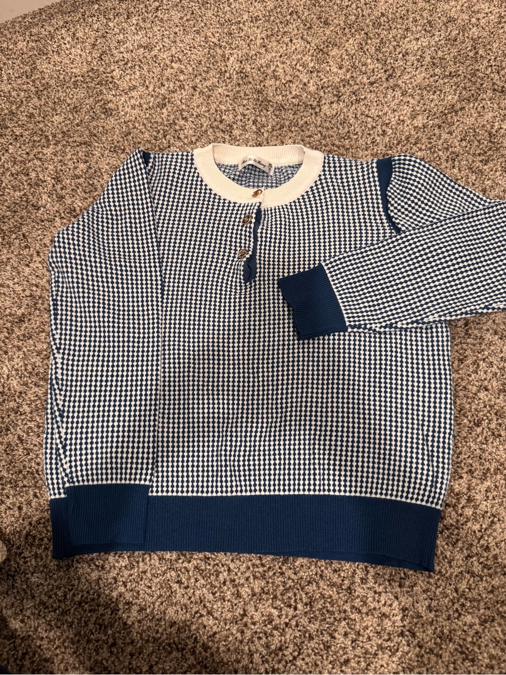Women’s Blue and White Houndstooth Crewneck Sweater